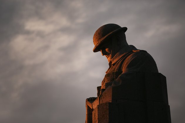 The sculpture of the amp;Brooding Soldieramp; commemorates the Second Battle of Ypres of World War I.