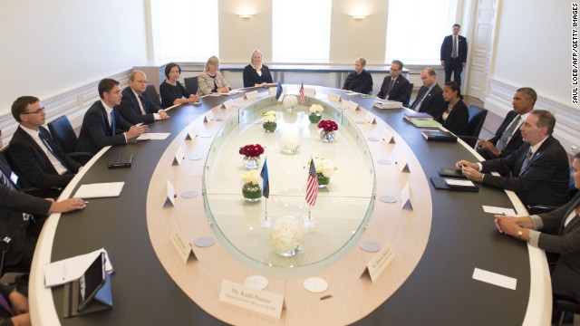 Estonian Prime Minister Taavi Roivas, second from left, and Obama hold a meeting at Stenbock House in Tallinn on September 3. 