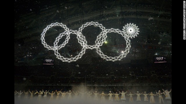 The Olympic rings are presented during the opening ceremony -- but there seemed to be a malfunction on the top right ring.