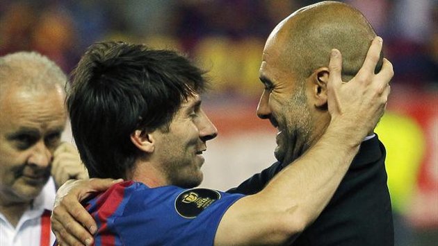Lionel Messi with Pep Guardiola