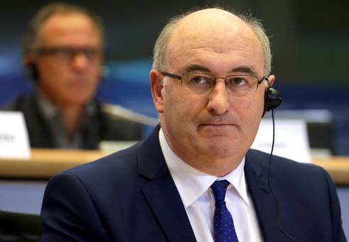 European Union Commissioner designate for Agriculture and Rural Development Phil Hogan, talks during a hearing at the Agriculture and Rural Development Committee, at the European Parliament in Brussels, on Thursday Oct. 2, 2014. (AP Photo/Yves Logghe)