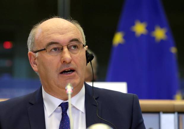 European Union Commissioner designate for Agriculture and Rural Development Phil Hogan, talks during a hearing at the Agriculture and Rural Development Committee, at the European Parliament in Brussels, on Thursday Oct. 2, 2014. (AP Photo/Yves Logghe)