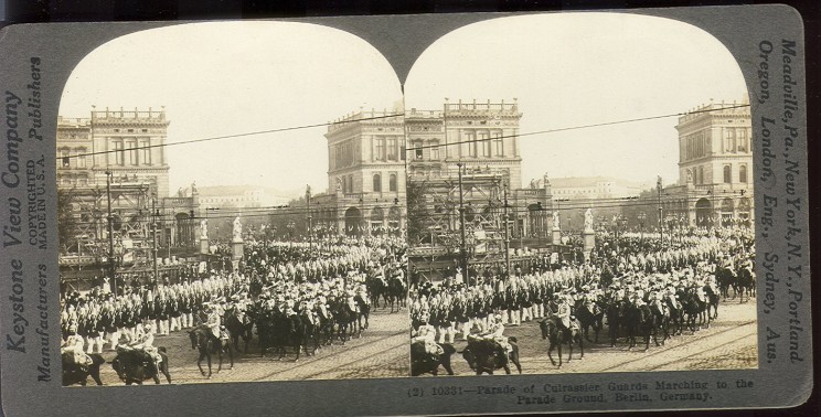 Parade of Cuirassier Guards Marching to the Parade Ground, Berlin, Germany. Keystone View Company, copyrighted Underwood  Underwood Public domain via via Wikimedia Commons.