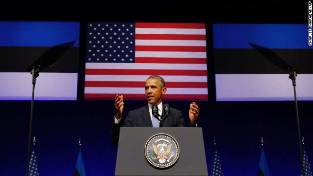 Obama speaks at Nordea Concert Hall in Tallinn, Estonia, on September 3. In Estonia, Obama said the vision of a Europe dedicated to peace and freedom is threatened by Russia's aggression against Ukraine. 