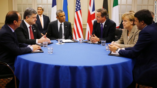 From left, French President Francois Hollande, Ukrainian President Petro Poroshenko, Obama, Cameron, German Chancellor Angela Merkel and Italian Prime Minister Matteo Renzi sit together September 4 to discuss the conflict in Ukraine.