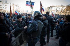 Pro-Russian protesters stormed the regional building of Donetsk on April 6, 2014.