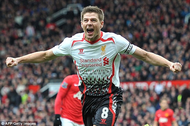 Gerrard, pictured celebrating against Man United last term, may follow in the footsteps of former England team-mate Frank Lampard and try his luck in the MLS
