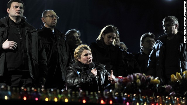Former Prime Minister Yulia Tymoshenko speaks at Independence Square on Saturday, February 22, hours after being released from prison. Tymoshenko, considered a hero of a 2004 revolution against Yanukovych, was released after 2 years behind bars.