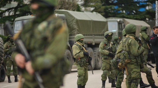 Armed men in military uniform block a Ukrainian military base in Balaklava on March 1. 