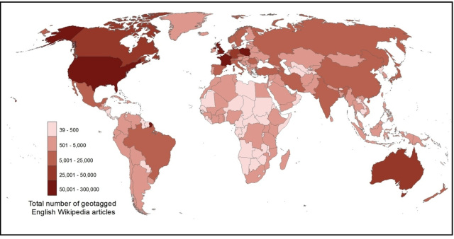 Number of geotagged articles in the English Wikipedia by country.