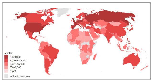 map showing total number of geotagged articles per country