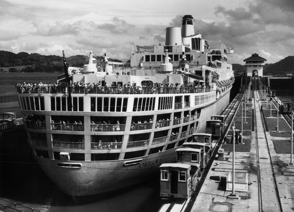 The first PO Orient liner Oriana returns to Southampton after her maiden voyage to the Panama Canal in 1961. She was the largest vessel to pass through the canal since the German liner Bremen in 1939. Photo by Central Press/Getty Images