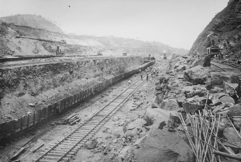 Steam shovels load rocks blasted away onto twin tracks that remove the earth from the Panama Canal bed circa 1908. It took the United States 10 years to build the canal at a cost of $375 million (which equals about $8.6 billion today). Photo by Buyenlarge/Getty Images